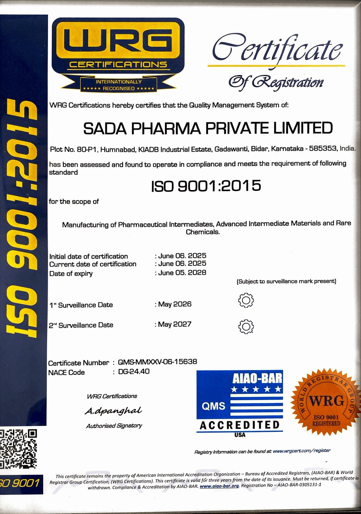 ISO 9001:2015 certificate of registration issued to Sada Pharma Private Limited by WRG Certifications, certificate number QMS-MMXXV-06-15638